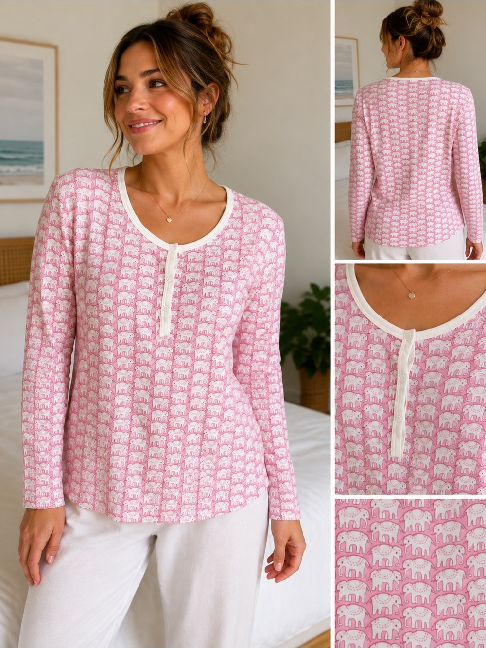 Roller Rabbit Hathi Pink Elephant Print Cotton Henley Pajama Top XS